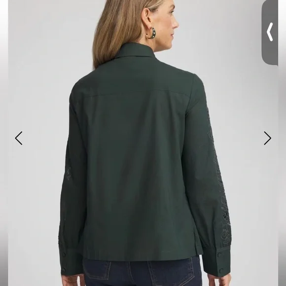 Chico's size 4/US 20 deep spruce green eyelet lace cotton cutout blouse - Picture 2 of 10